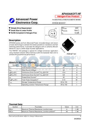 AP4434AGYT-HF datasheet - Simple Drive Requirement, Small Size & Lower Profile