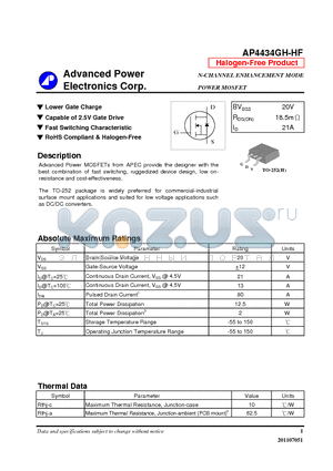 AP4434GH-HF datasheet - Lower Gate Charge, Capable of 2.5V Gate Drive