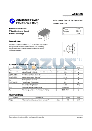 AP4435D datasheet - P-CHANNEL ENHANCEMENT MODE POWER MOSFET