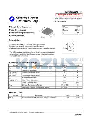 AP4435GM-HF datasheet - Simple Drive Requirement, Low On-resistance