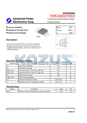 AP4436GM datasheet - Low on-resistance, Capable of 2.5V gate drive