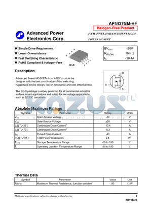 AP4437GM-HF datasheet - Simple Drive Requirement, Lower On-resistance