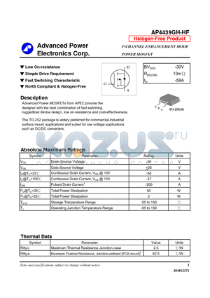 AP4439GH-HF datasheet - Low On-resistance, Simple Drive Requirement