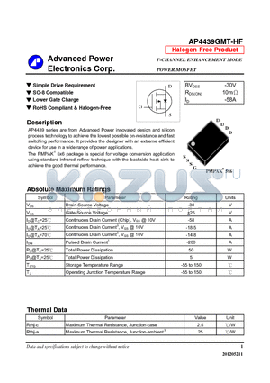 AP4439GMT-HF datasheet - Simple Drive Requirement, SO-8 Compatible