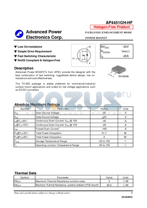 AP4451GH-HF datasheet - Low On-resistance, Simple Drive Requirement