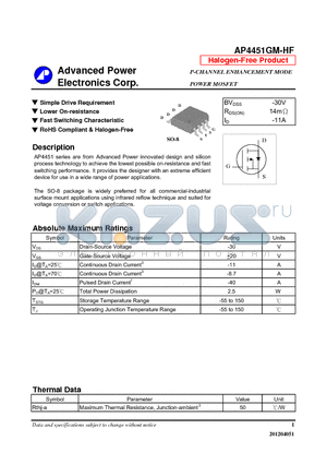 AP4451GM-HF datasheet - Simple Drive Requirement, Lower On-resistance