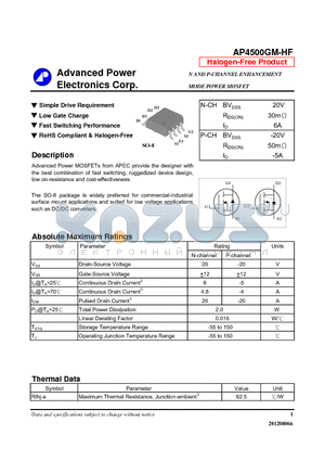 AP4500GM-HF datasheet - Simple Drive Requirement, Low Gate Charge