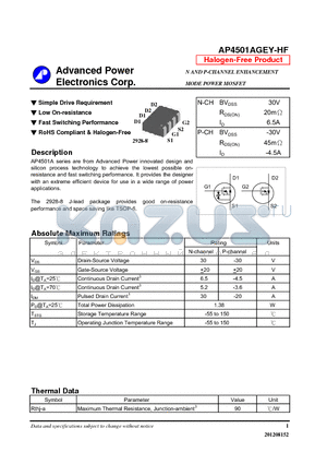 AP4501AGEY-HF datasheet - Simple Drive Requirement, Low On-resistance