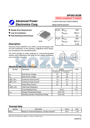 AP4501AGM datasheet - Simple Drive Requirement, Fast Switching Performance