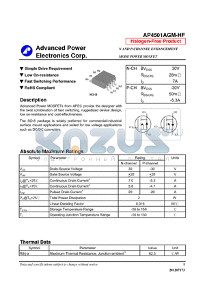 AP4501AGM-HF datasheet - Simple Drive Requirement, Low On-resistance