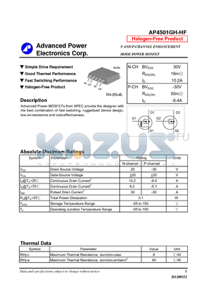 AP4501GH-HF datasheet - Simple Drive Requirement, Good Thermal Performance