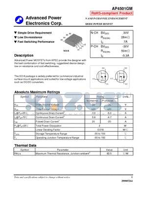 AP4501GM datasheet - N AND P-CHANNEL ENHANCEMENT MODE POWER MOSFET
