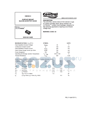 CMOSH-3_12 datasheet - SURFACE MOUNT SILICON SCHOTTKY DIODE