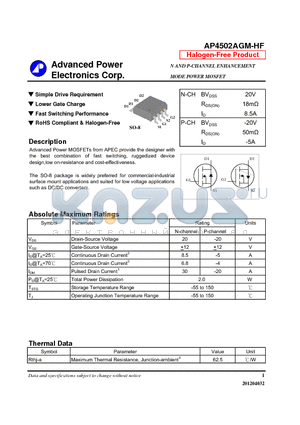 AP4502AGM-HF datasheet - Simple Drive Requirement, Lower Gate Charge