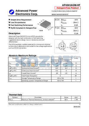 AP4503AGM-HF datasheet - Simple Drive Requirement, Fast Switching Performance