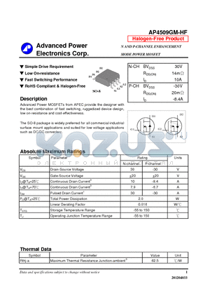 AP4509GM-HF datasheet - Simple Drive Requirement, Low On-resistance