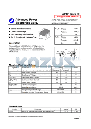 AP4511GED-HF datasheet - Simple Drive Requirement, Lower Gate Charge