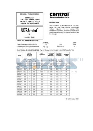 CMOZ16L datasheet - ULTRAmini. LOW LEVEL ZENER DIODE 2.4 VOLTS THRU 43 VOLTS 350mW, 5% TOLERANCE