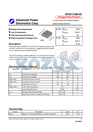 AP4511GM-HF datasheet - N AND P-CHANNEL ENHANCEMENT MODE POWER MOSFET