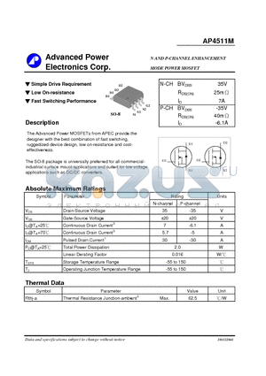 AP4511M datasheet - N AND P-CHANNEL ENHANCEMENT MODE POWER MOSFET