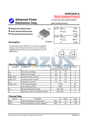 AP4513GH-A datasheet - Simple Drive Requirement, Good Thermal Performance