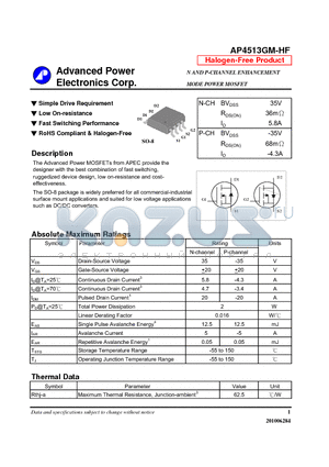 AP4513GM-HF datasheet - Simple Drive Requirement, Low On-resistance
