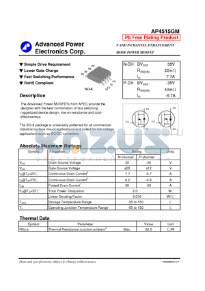 AP4515GM datasheet - N AND P-CHANNEL ENHANCEMENT MODE POWER MOSFET