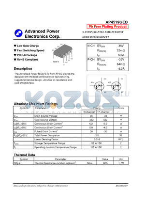 AP4519GED datasheet - Low Gate Charge, Fast Switching Speed, PDIP-8 Package