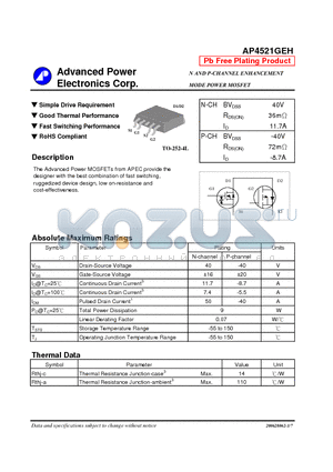 AP4521GEH datasheet - Simple Drive Requirement, Good Thermal Performance