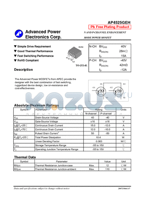 AP4525GEH datasheet - N AND P-CHANNEL ENHANCEMENT MODE POWER MOSFET