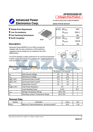 AP4525GEM-HF datasheet - Simple Drive Requirement, Low On-resistance