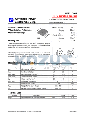 AP4528GM datasheet - Simple Drive Requirement, Fast Switching Performance