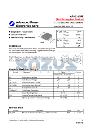 AP4532GM datasheet - Simple Drive Requirement, Low On-resistance