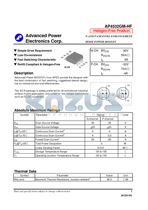 AP4532GM-HF datasheet - Simple Drive Requirement, Low On-resistance