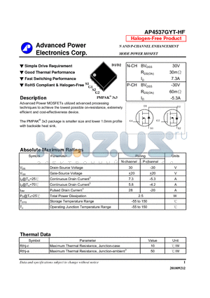 AP4537GYT-HF datasheet - Simple Drive Requirement, Good Thermal Performance