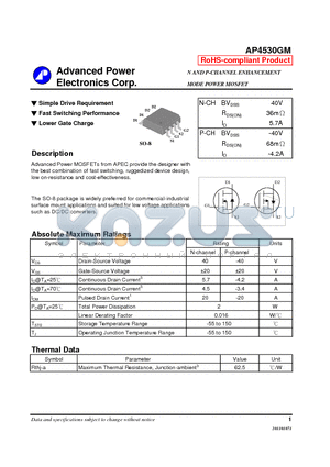 AP4530GM datasheet - Simple Drive Requirement, Fast Switching Performance