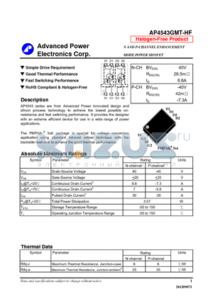 AP4543GMT-HF datasheet - Simple Drive Requirement, Good Thermal Performance, Fast Switching Performance