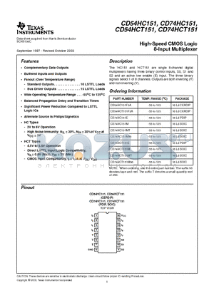 CD74HC151M96G4 datasheet - High-Speed CMOS Logic 8-Input Multiplexer