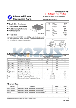 AP4563GH-HF datasheet - Simple Drive Requirement, Good Thermal Performance