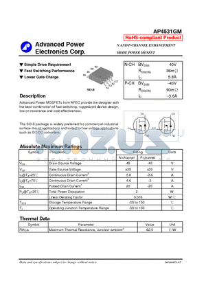 AP4531GM datasheet - Simple Drive Requirement, Fast Switching Performance