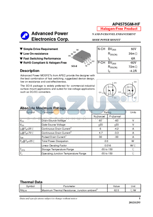 AP4575GM-HF datasheet - Simple Drive Requirement, Low On-resistance