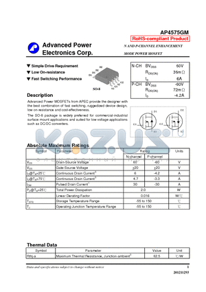 AP4575GM_12 datasheet - Simple Drive Requirement, Low On-resistance