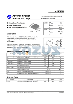 AP4578M datasheet - N AND P-CHANNEL ENHANCEMENT MODE POWER MOSFET