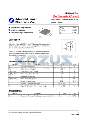 AP4800AGM_07 datasheet - N-CHANNEL ENHANCEMENT MODE POWER MOSFET