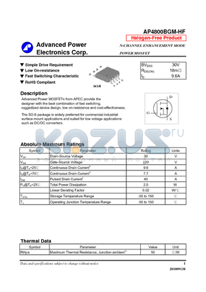 AP4800BGM-HF datasheet - Simple Drive Requirement, Low On-resistance