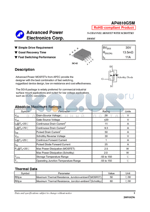 AP4810GSM datasheet - Simple Drive Requirement, Good Recovery Time