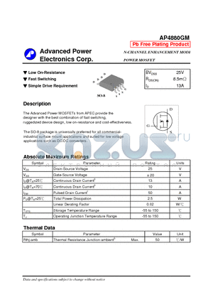 AP4880GM datasheet - N-CHANNEL ENHANCEMENT MODE POWER MOSFET