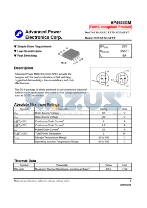 AP4924GM datasheet - Simple Drive Requirement, Low On-resistance