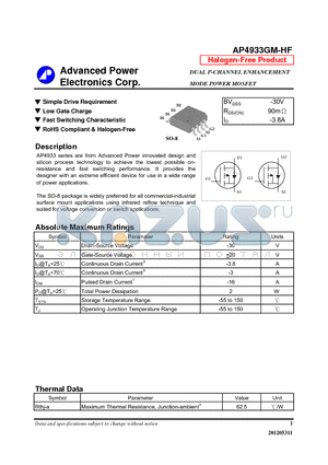 AP4933GM-HF datasheet - Simple Drive Requirement, Low Gate Charge