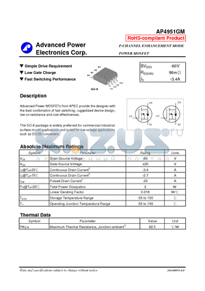 AP4951GM datasheet - Simple Drive Requirement, Low Gate Charge